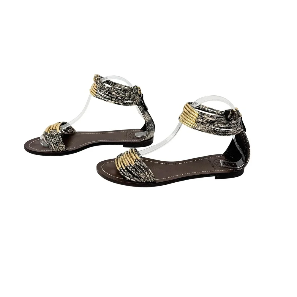 Tory Burch Mignon Ankle Strap Flat Sandals Gold Snake Print Size 8.5